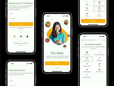 The Daily - Recipe App design food food app log in mobile app mobile application mobile design onboarding recipe app recipes sing up ui ux