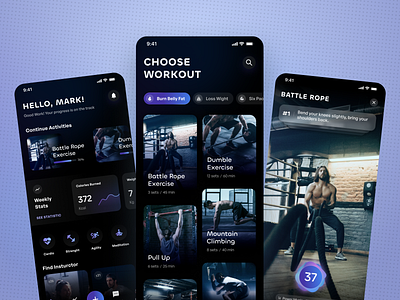 Futuristic Fitness & Workout Mobile App UI app chart dark fitness futuristic gym health healthy interactive video mobile personal trainer sport tracker tracking training transculent ui ux weight loss workout