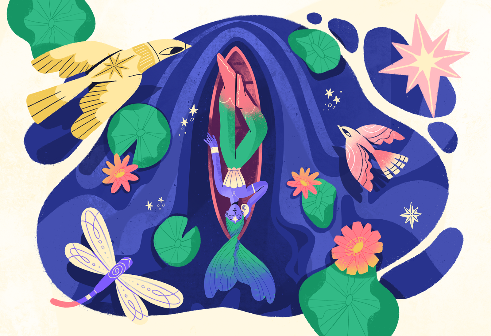 Day Dreaming 🐚 astrology bird boat character dragon fly girl illustration lake lilly pisces procreate sea stars texture water