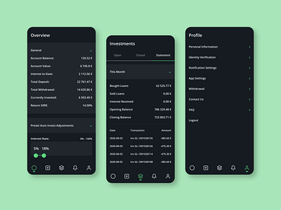 Investment Marketplace Platform dark theme investments mobile app mockups platform