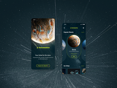 Space Travel Mobile App app blue green mobile moon planet sci fi space star travel ui ux