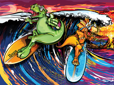 Surf Dino Duo cartoon character concept art environment graphic design illustration scene vector