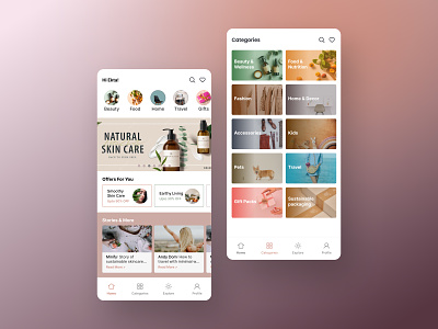 Ecommerce App cards categories design ecommerce ecommerce mobile app hair care illustration logo mobile mobile app natural colors product design shop skin care smooth soothing colors sustainable sustainable products travel ui