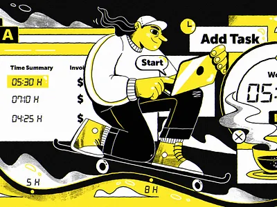 Surfing your work and get fun design graphic design illustration job managment time shedule skating surfing task time