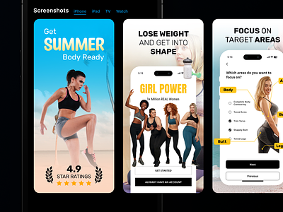 Fitness App Screenshots for Women for App Store and Play store android app app store body design fitness graphic design ios iphone play store screenshots store listing summer typography ui ux