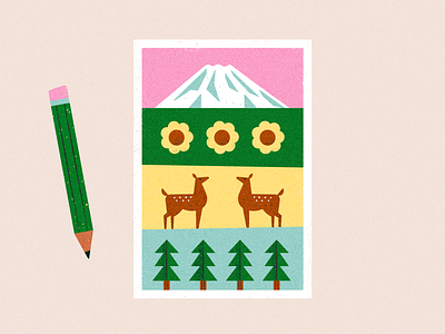 Mount Rainier Postcard deer flower forest illustration mail mountain national park nature park pnw postcard rainier retro tree vector washington wildflower wildlife