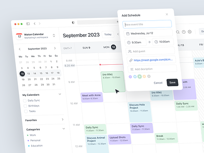 Waton - Calendar Dashboard agenda appointment calendar calendar dashboard custom dashboard date picker dates event meet meeting product design project management reminder saas sate schedule soft color task timetable
