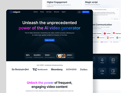 Vidgent - AI Video Generator Landing Page ai artificial intelligence design language magic script presenter ui design video video generator web design website