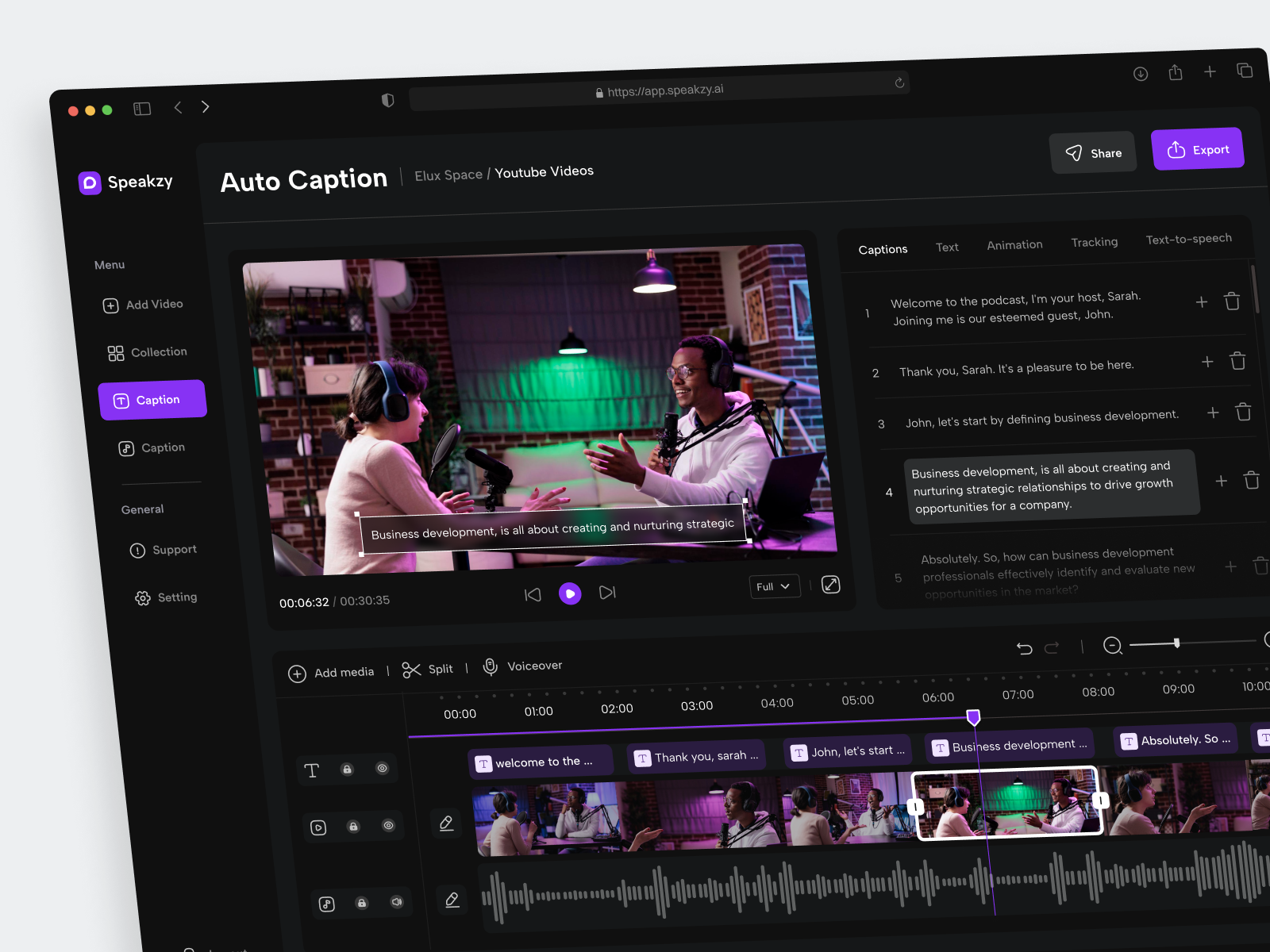 Speakzy - AI Caption Dashboard ai ai caption ai video generator artificial intelligence audio to text auto caption automate video caption generator caption video component dashboard gpt machine learning podcast generator product saas subtitle text generator video editor video timeline