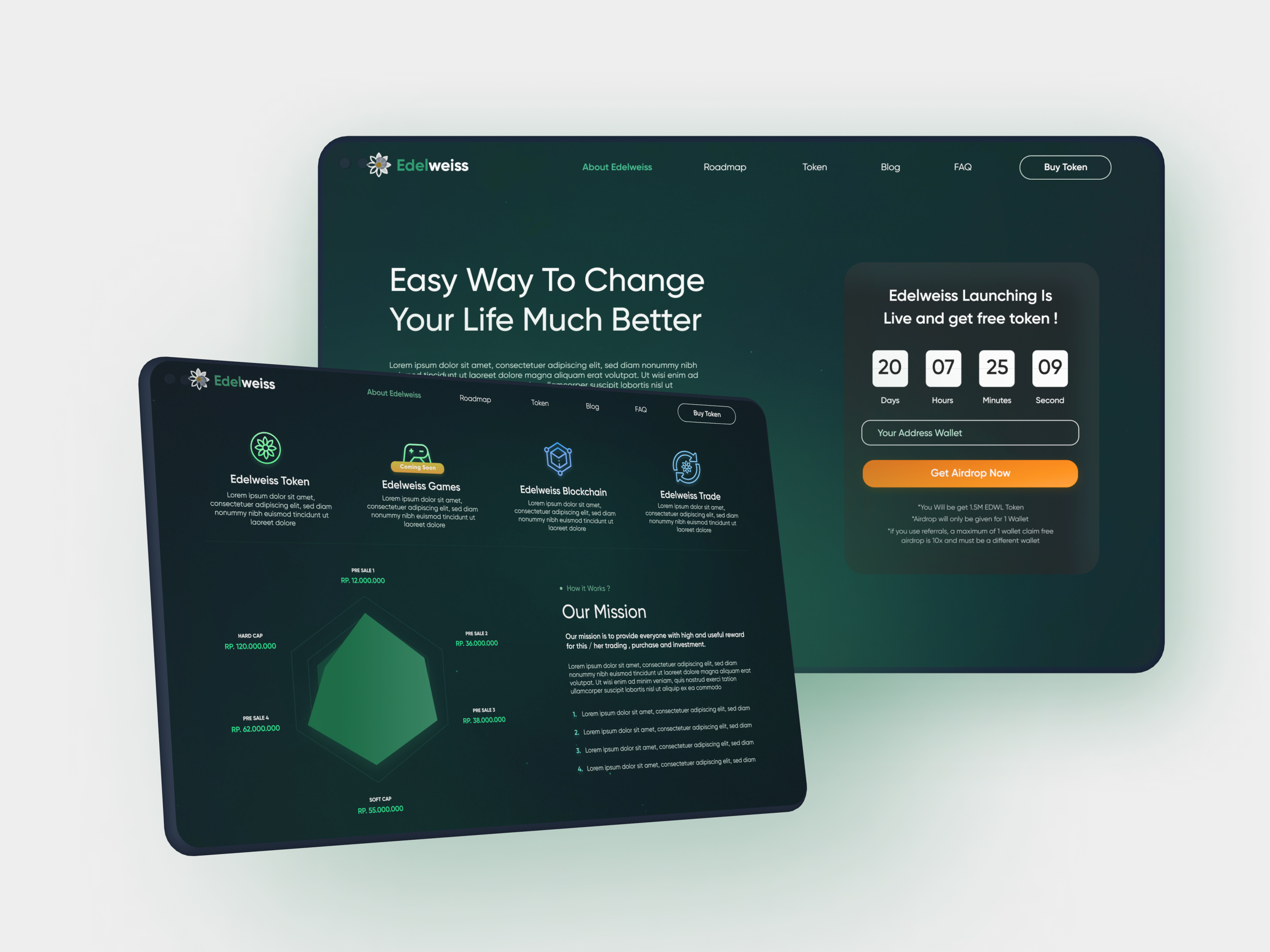 Edelweiss Token clean crypto fresh glassy ui uiux web design
