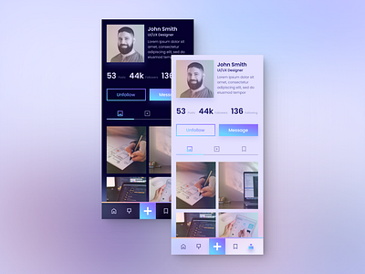 Profile Page - Light and Dark app design appearance dark dark mode dark theme design glassmorphism interface light light mode light theme mobile app mobile design neon profile profile page social media theme ui ui design