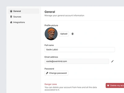 Profile settings panel section for Overmind application aws code components dashboard design system developer developer tools icons interface mobile modal panel product design profile ui ux vscode web application design web design