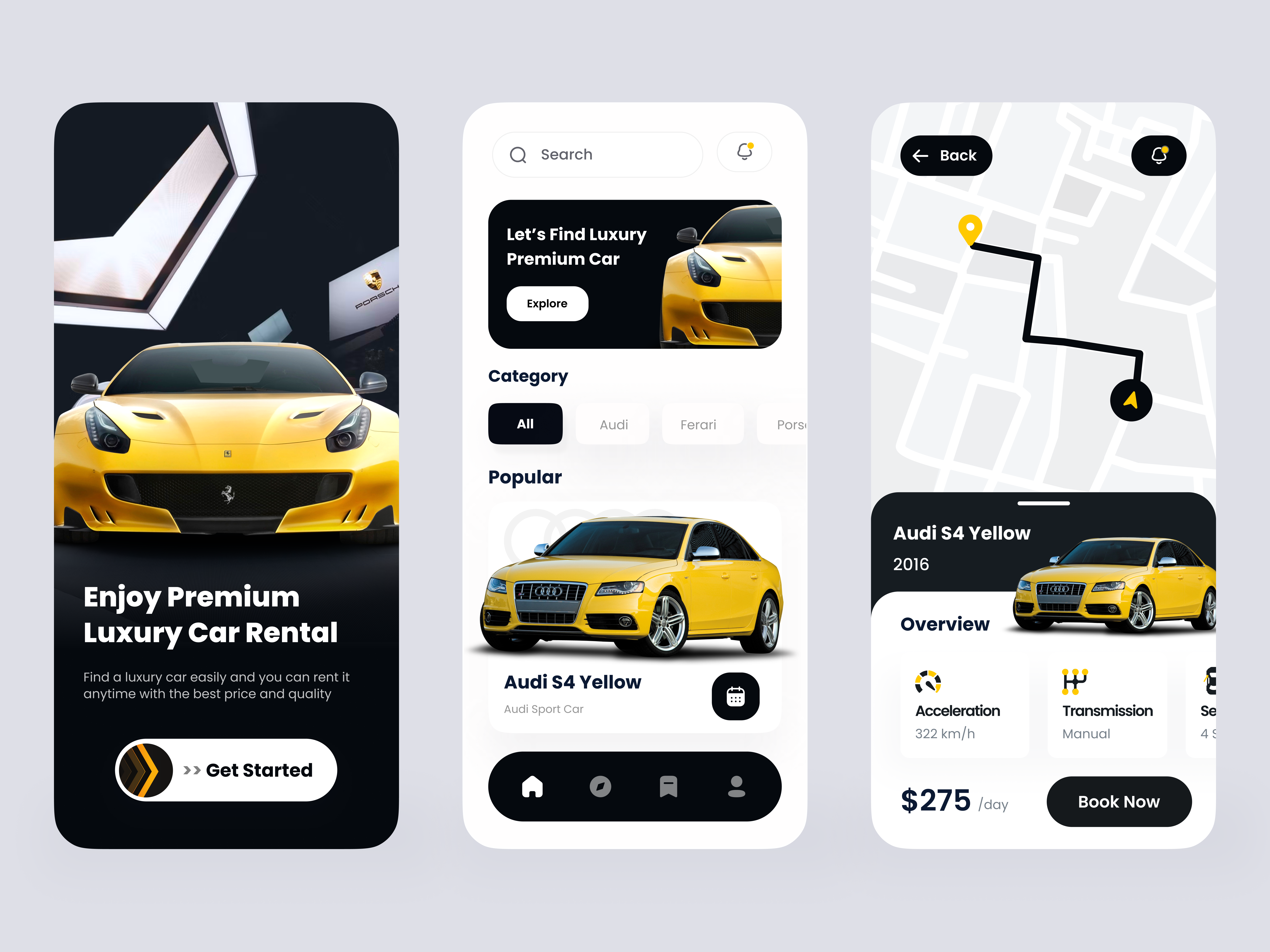 Car Rental App car car booking car rent car rental cars rent luxury car map minimalist mobile design navigation onboarding rent a car rental rental car super car super car rental vehicles yellow car