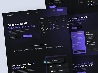 AlignHR - Saas Landing Page analytics app chart dark landing page dashboard design design employee hr landing page management saas saas landing page ui uiux ux web website