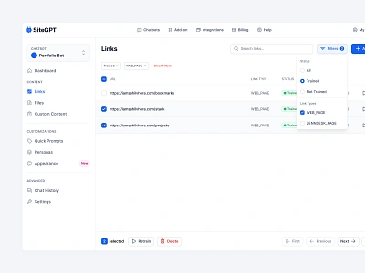 Link 🔗 ai buttons chatbot chatgpt dashboard filters links navigation pagination search selection sidebar table ui ui design ux ux design web app web design