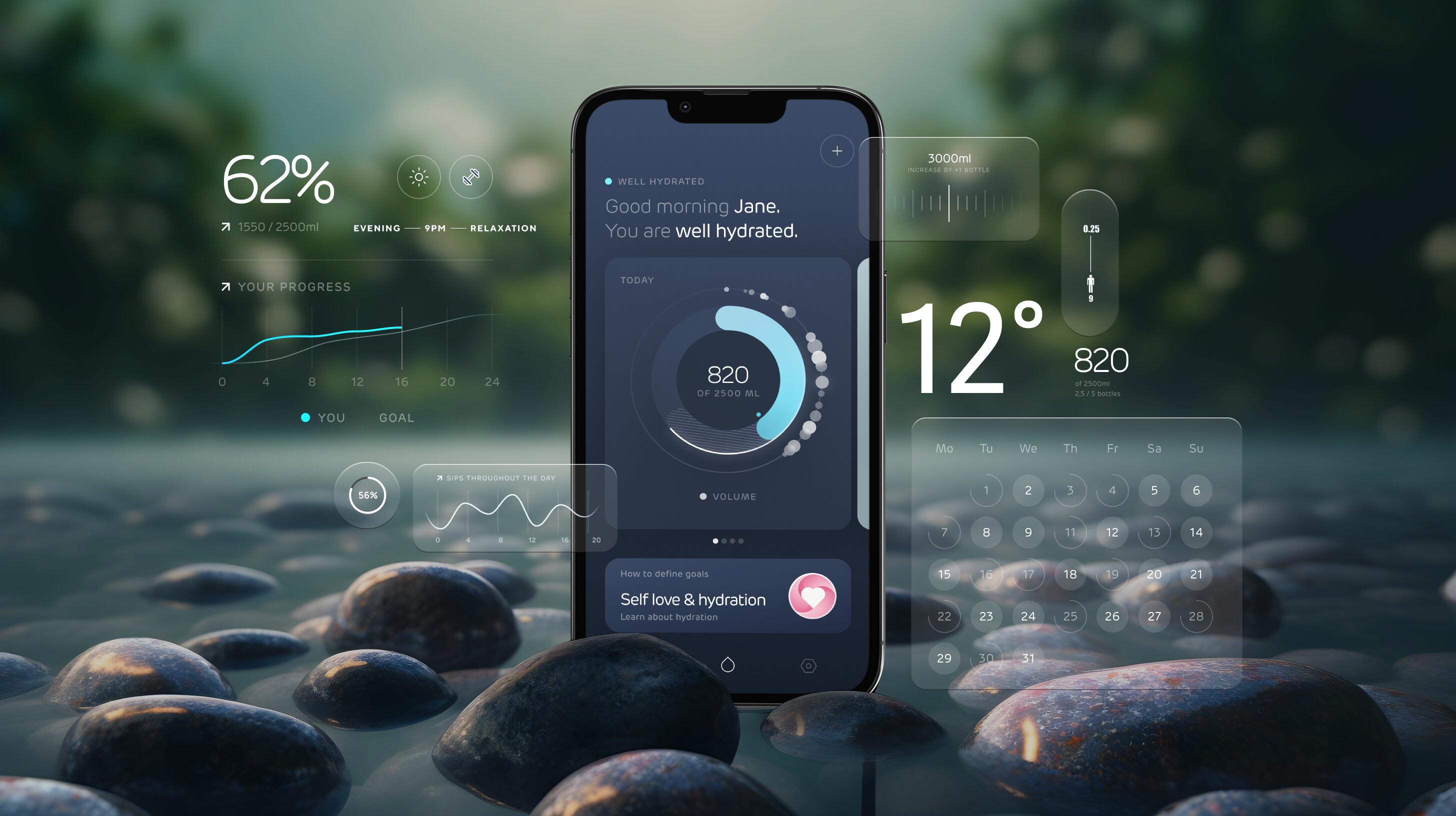 Smart Water Bottle App app connected data design experience health healthcare hydration interactive interface ios mobile mobile app smart water bottle ui uiux water wellness