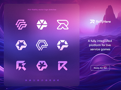 Draft Vector Logo Sketches for Rally Here ai ar blockchain branding cybersports defi esports fintech game gamer gaming gradient icon identity lepisov logo marketplace r logo tech vr