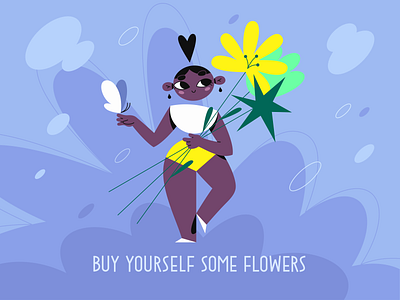 Little joys. Flowers 🌼 2d app butterfly character character design colors flat flowers geometry girl happiness human illustration joy plant purple vector web yellow