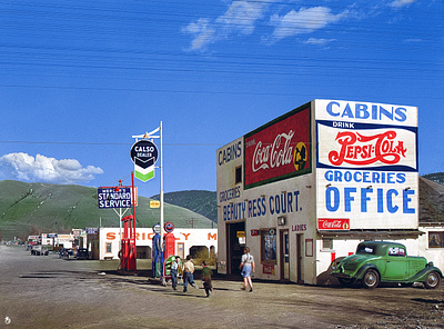 Gas Station/Groceries (1942) ads advertising america branding colorization colorize colorized photo digital art history photo photography restoration shop store usa vintage