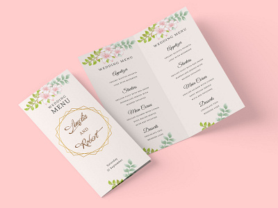 Set Card Templates of Pink Floral Wedding Menu in Rustic Style bride card celebration decoration flowers green groom leaves love marriage menu pink rose rustic save the date set templates vector watercolor wedding