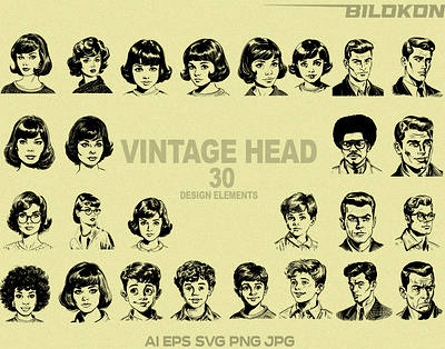 Vintage Head 60s style, Retro Comics Head, SVG BUNDLE Vector cut file retro comics head vector retro people vector set file for cricut svg file vintage beautiful woman svg vintage face vintage head 60s style vector vintage svg