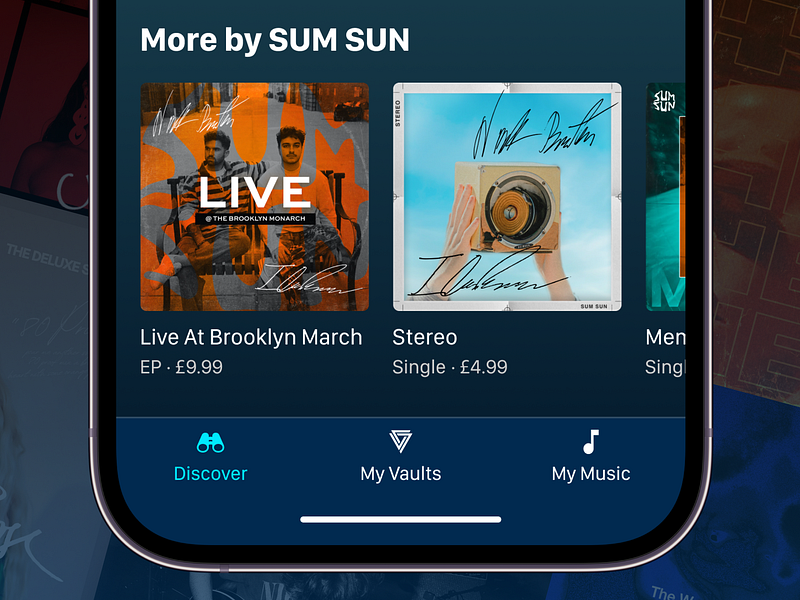 Vault Music - More By Artist album carousel clean design discovery ep graphic design interface ios listen music music app price product design simple single ui ui design user interface ux