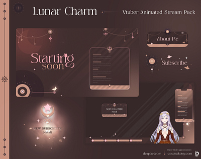 Lunar Charm Pastel Pink Vtuber Pack animated pack design graphic design stream stream design stream pack twitch twitch package vtuber