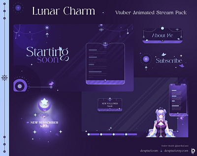 Purple Lunar Charm Pastel Pink Vtuber Pack design graphic design stream stream design stream pack twitch twitch overlay twitch package vtuber
