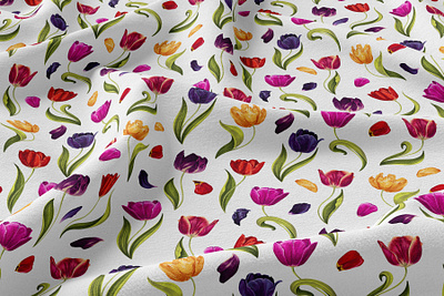 Seamless Pattern With Multicolored Tulips 2d adobe illustrator botanical botanical illustration botanical pattern character design design digitalart flowers hand drawn multicolored ornamental realistic surface pattern design textile tulip tulips vector