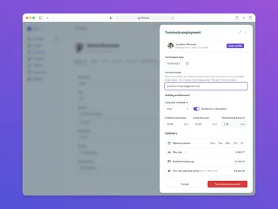 Employee termination popover dashboard employee finance form modal payroll popover