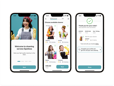 Case Study | Cleaning Service: Spotless animation carousel case study choose date choose time cleaning service cleaning service app confirmation screen edit profile feedback home screen profile prototyping rate rating page review share location sign up splash screen user profile