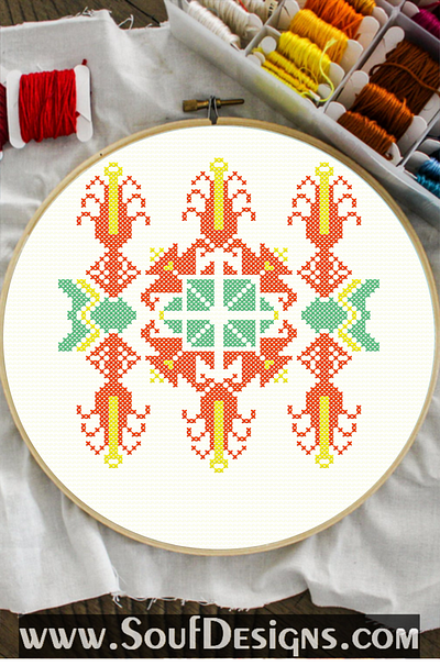 Red and Green Floral Traditional Embroidery Cross Stitch Pattern embroidery