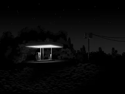 Gas Station abandoned black and white gas station illustration lighting night nighttime photoshop stars summertime