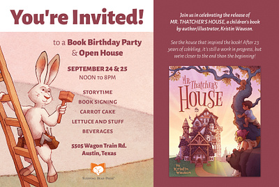 Book Release Party Postcard graphic design house illustration invitation postcard rabbit