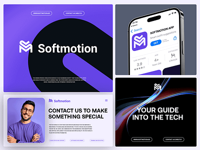 Softmotion brand and identity branding colors design digital identity inspiration logotype mockup moodboard purple symbol typography ui ux