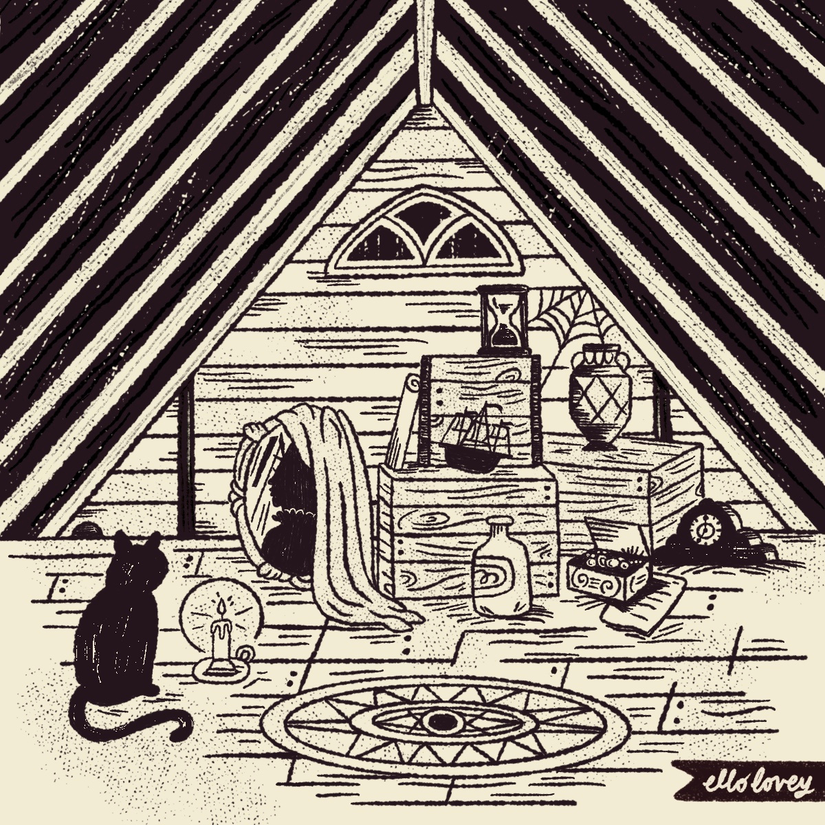 Attic Artifacts artifacts attic black and white halloween haunted hitchcock illustration ink mystery october spooky vintage