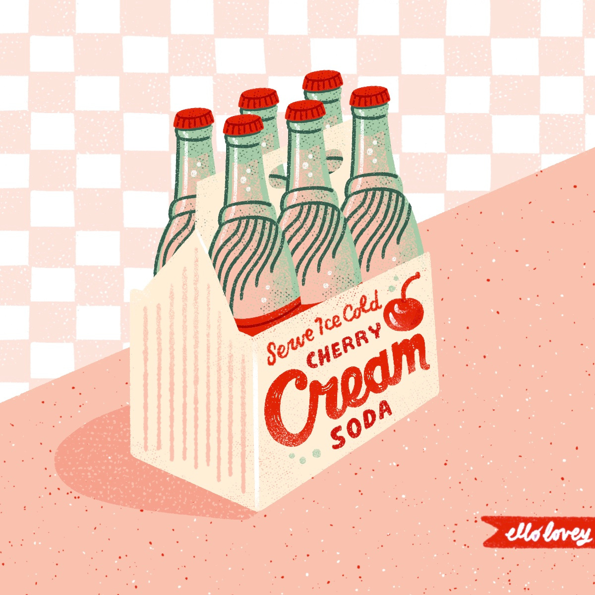 Cherry Cream Soda beverage bottle bottles checkerboard cherry cherry soda cream soda diner illustration packaging pop product packaging retro six pack soda soda fountain soda shop soft drink