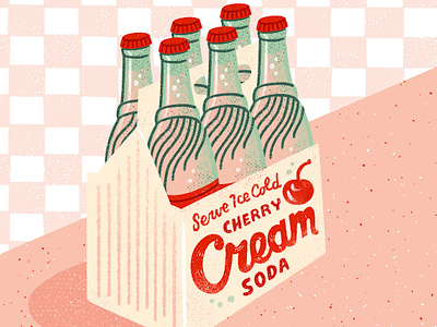 Cherry Cream Soda beverage bottle bottles checkerboard cherry cherry soda cream soda diner illustration packaging pop product packaging retro six pack soda soda fountain soda shop soft drink