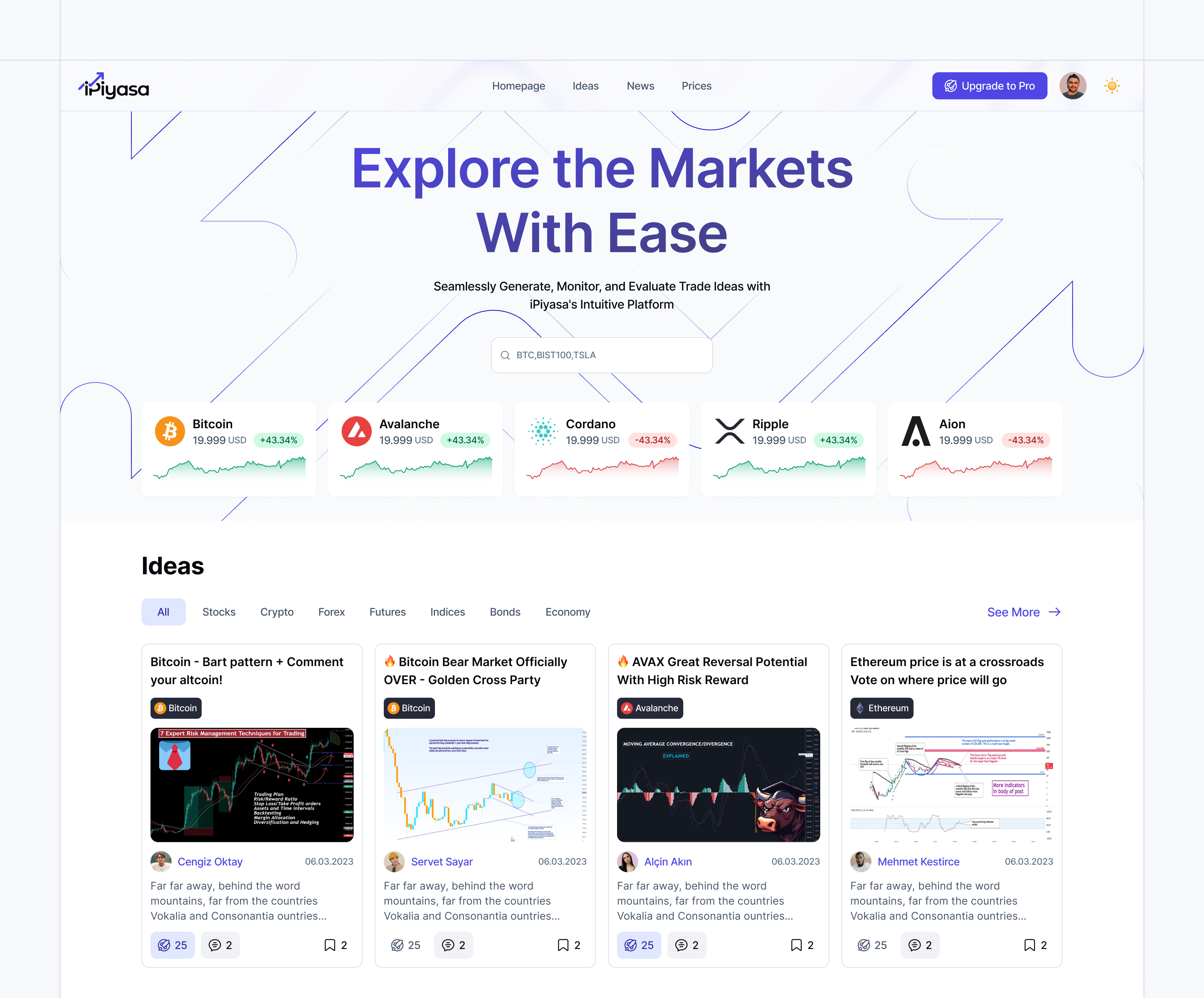 iPiyasa - Social Media Platform for Traders and Investors app branding crypto design investment light logo modern track trade trader tradingview ui ui design ux web web design