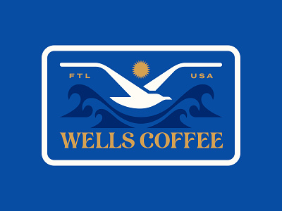 Wells Coffee Co. badge branding coffee florida illustration lettering lockup logo modern ocean seagull sun typography waves