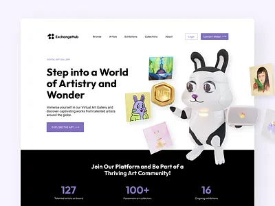 ExchangeHub - A Digital Art Gallery Landing Page 3d 3d character 3d design 3d illustration 3d ui design blender design digital art gallery digital art website homepage illustration landing page nft nft website ui ui design uiux uiux design ux design website