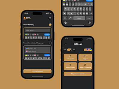 KeyCom Application Design app application dark mode dark ui design etnocode ios ios app keyboard mobile mobile app mobile application onboarding translate keyboard translator ui
