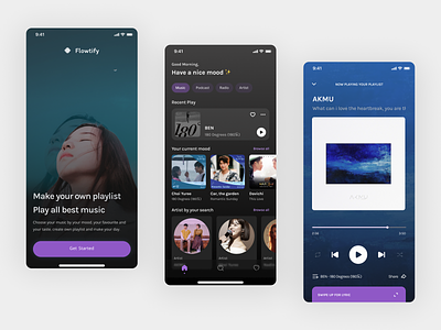 Flowtify - Mobile Music Streaming album clean ui dark ui ios app mobile app mobile design music music player playlist product design shazam song sound spotify streaming streaming music app ui design uiux