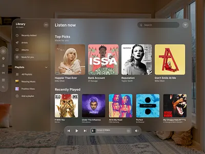 Apple Music For Vision OS - Spatial UI Design🔮✨ 3d apple apple design apple spatial design ar augmented reality figma glassmorphism ios modern music app player spatial ui ui uidesign ux virtual reality vision os vision pro vr