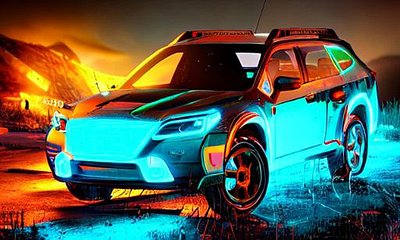 Cyberpunk car with neon lighting, photo editing graphic design