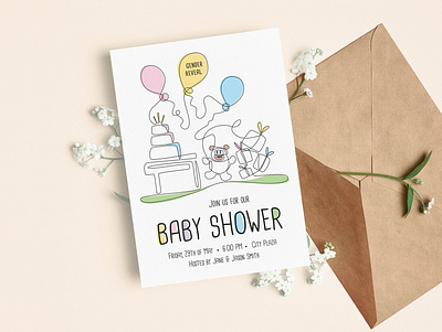 Baby shower line art invitation baby party baby shower baloons cake card cute flat flyer gifts graphic design illustration invitation line art line art vector minimalist party invitation print ready teddy bear vector