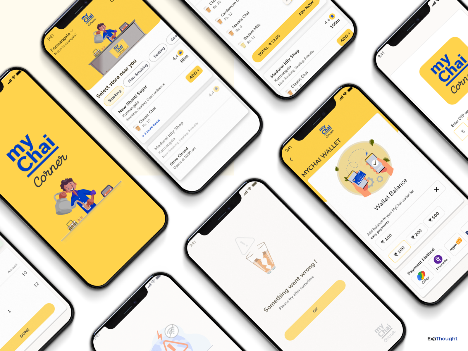 MyChai Corner app for tea lovers android beverage blue branding chai chai point coffee design empty state home illustration iphone menu mobile app my chai tea ui ui ux design ux yellow