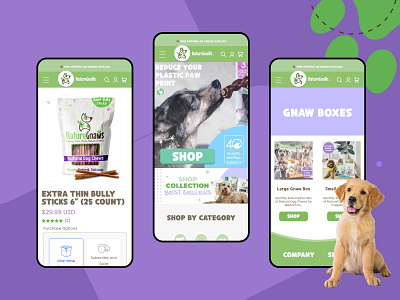 NatureGnaws - Mobile UI buy dog dog food products ecommerce green mobile ui online products online shop packets pet purple shop sticks