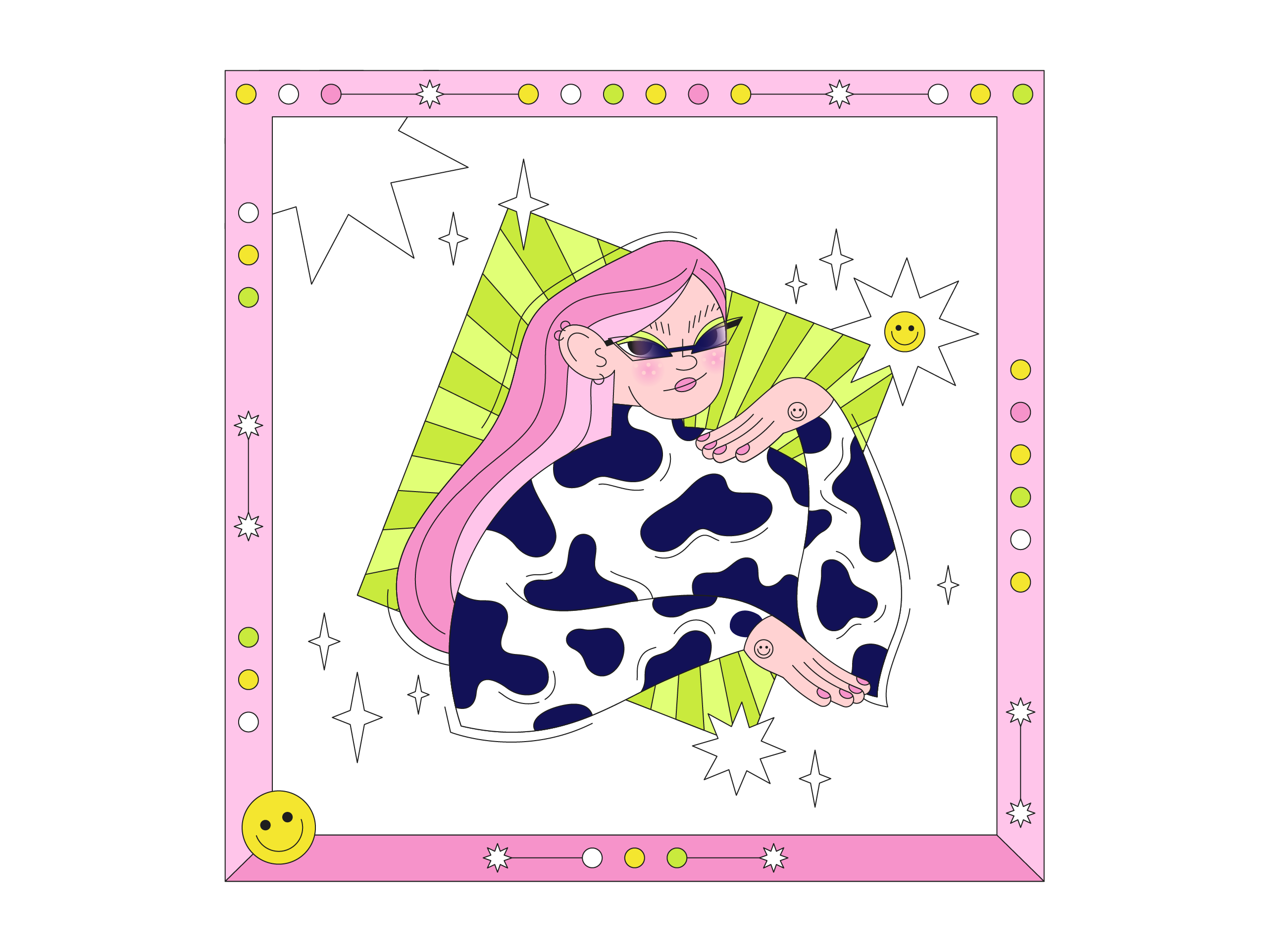 Animal print, freckles, retro sunglasses adobe illustrator animal print character cow flat flat design flat illustration freckles girl glasses graphic design green illustration pink print smile stylized vector vector art vector illustration