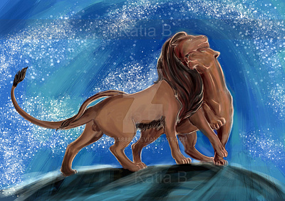 Lions among the stars animals artwork big cats cats couple fantasy illustration lion lioness lions love love story romantic starry sky stars wave waves wild animals wild cats wild life